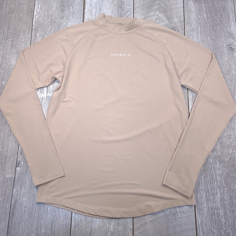YoungLA Shirt Mens Medium Tan Long Sleeve Mock Neck Performance Gym Top